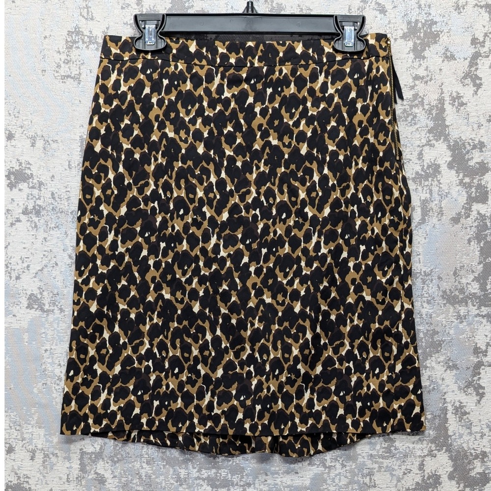 Ann Taylor Petite Leopard Print Pencil Skirt Gold Zipper Midi Length Size 6P